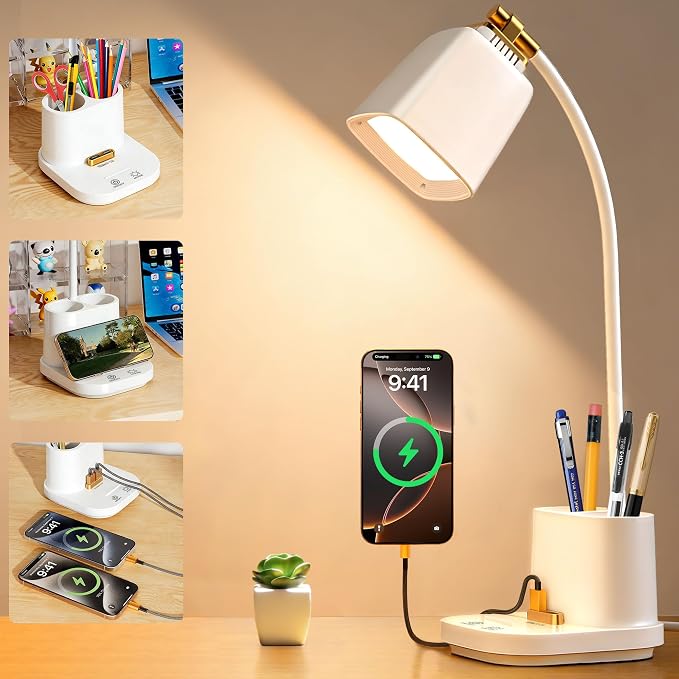 LED Desk Lamps for Home Office with Charger, Organizer, Desk Light Table Lamp for Bedroom, Study, Reading, Work, Nail, Gooseneck Small Desk Lamp for Artist, Puzzle, Drawing, Eye-Caring LED Office Lamp by Hifireelf