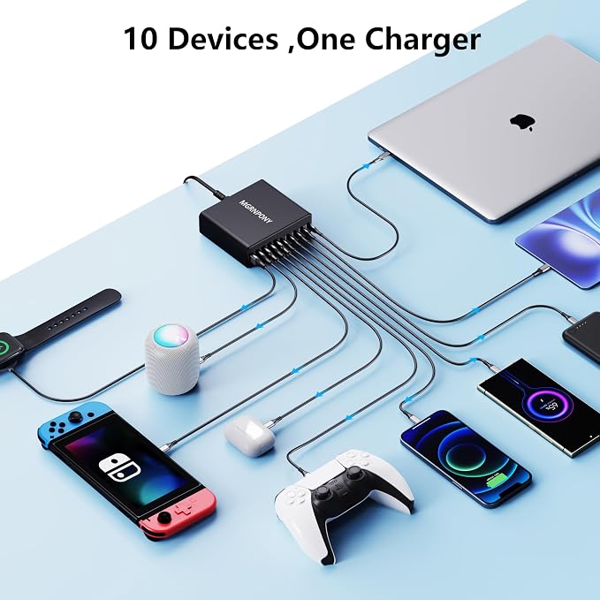 320W USB C Charger Block, MGRNPONY 10-Port GaN USB C Charging Station Black | PD 65W Laptop Fast Charger Adapter for MacBook Pro/Air, DELL, iPad, iPhone, Samsung Galaxy - Image 4