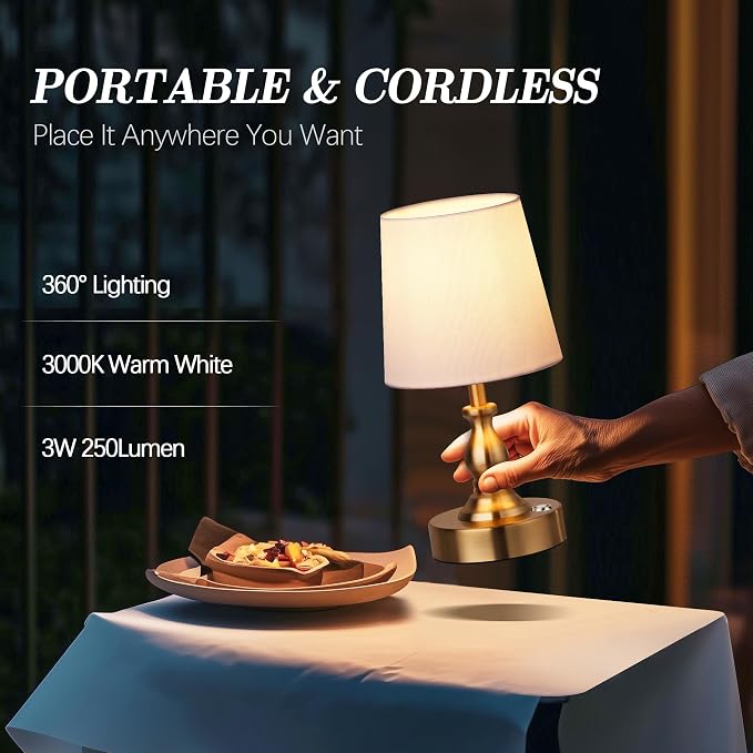 Mini Cordless LED Table Lamp, 5200mAh Rechargeable Battery Operated Lamp, 3-Level Brightness, Touch Dimmable Desk Lamp, Bedside Night Light for Patio Camping Restaurant Home, Antique Brass - Image 4