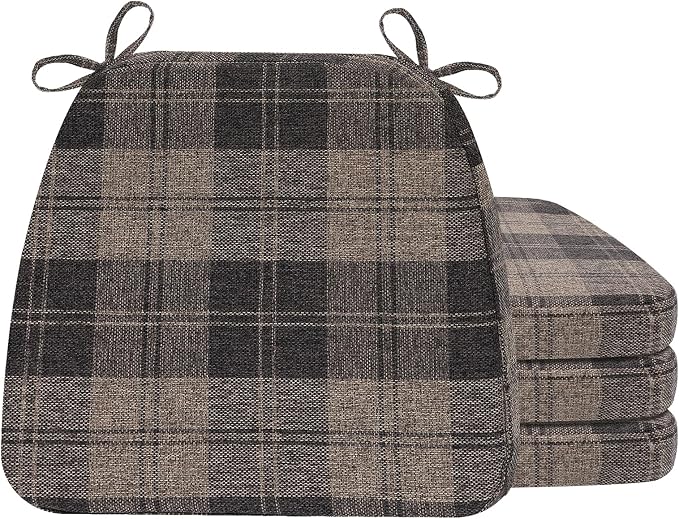 AAAAAcessories D-Shaped Chair Cushions, 2" Thick Dining Chair Pads with Ties and Removable, Machine-Washable Cover, 17" x 16", Set of 4, Brown Checkered by AAAAAcessories