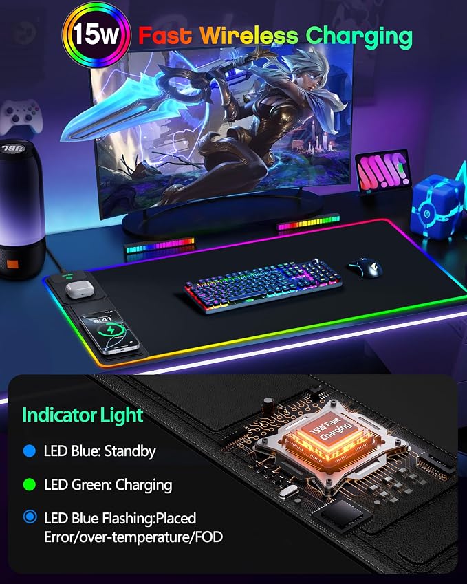 Wireless Charging Mouse Pad with Phone Stand, 31.5"x15.8" Large | Gaming Mousepad RGB Desk Mat, Smooth Glide, Stitched Edge, Non-Slip Rubber Base, Waterproof Keyboard Mat, No Adatper - Image 3