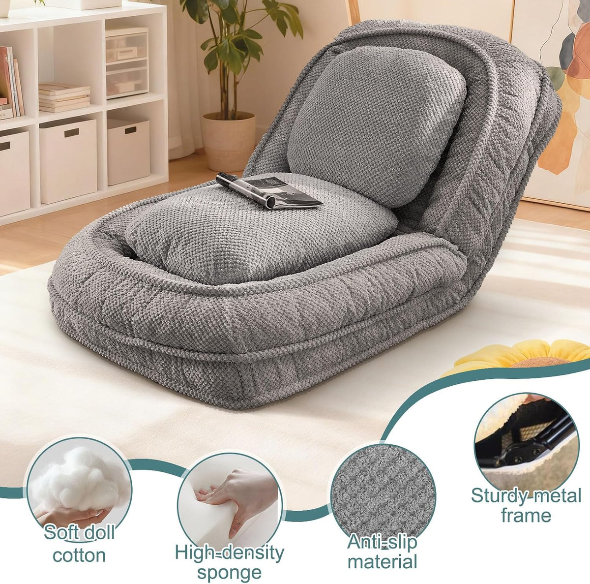 Human Dog Bed for Adults & Pets, 5-Position Floor Chair, Gray - Image 4