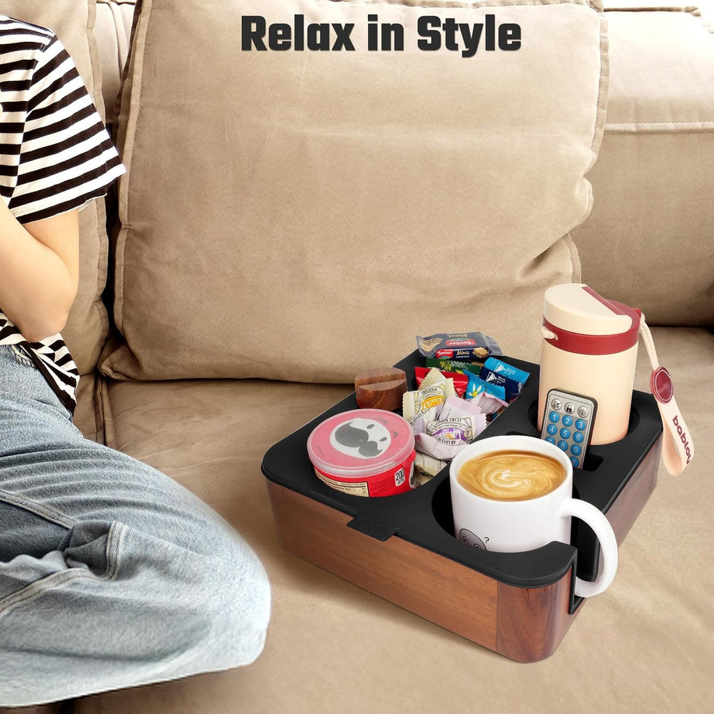 Couch Cup Holder Tray, Real Acacia Wooden Caddy with Soft Silicone, Snack and Drink Organizer- Perfect Movie Night Accessories for Bed, Remote and Cup Holders for Sofa (Black) - Image 4
