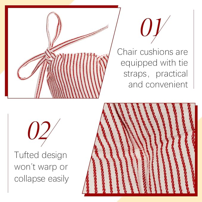 Geetery Red and White 4 Pack Ticking Stripe Chair Cushions with Ties, 16"x15" Reversible Indoor Chair Pads for Dining Chairs, Soft Kitchen Seat Cushions for Home Office Living Room - Image 4