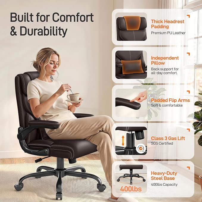 Office Chair, Executive Mid-Back Computer Desk Chair with Flip-up Armrests | 300 Lbs Ergonomic Leather Swivel PC Chair with Rock Function for Working Studying (Coffee) - Image 6