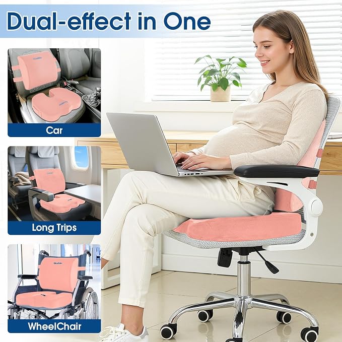 CloudBliss Ergonomic Seat Cushion & Lumbar Support Pillow Set, Pink, Large | Back Pain & Sciatica Relief, Memory Foam Support, Adjustable Straps, Machine Washable Velvet, Perfect for Office, Car, Gaming - Image 7