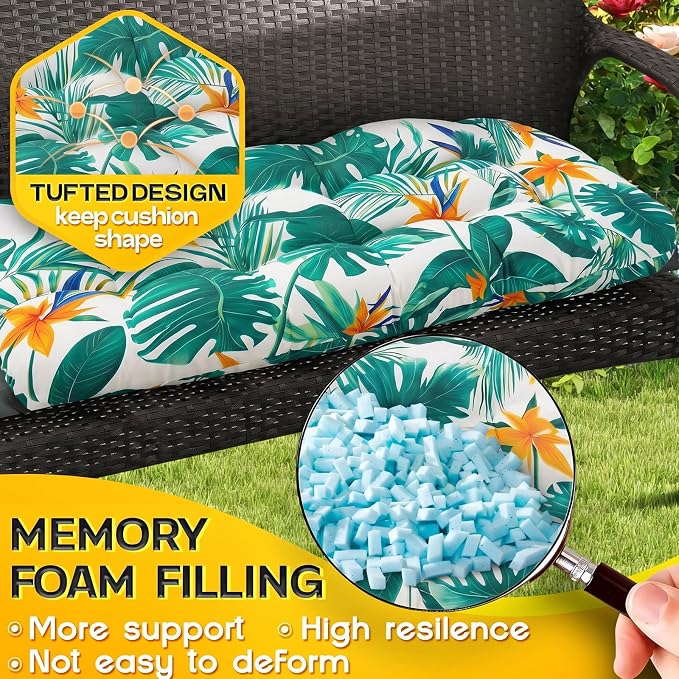 MAGIC ELEPHANT Outdoor Bench Cushion, Memory Foam Loveseat Cushion for Patio Furniture Wicker Chair, Settee Porch Swing Seat Cushion, 44 x 19 Inches (Tropical Monstera) - Image 3