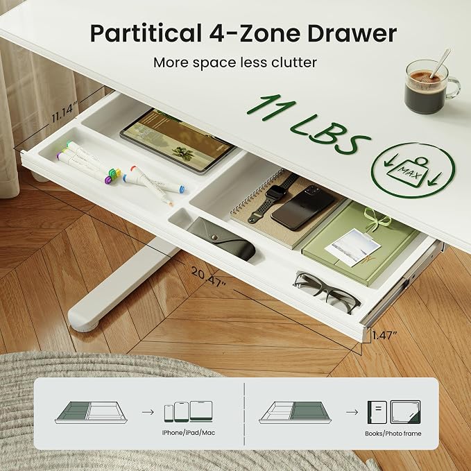 CubiCubi 55x24 Standing Desk with Glass Top, Height Adjustable Computer Desk with Drawer, One-piece Rising Home Office Desks with Positon Memory, Sit Stand Up Electric Workstation Table, White - Image 5