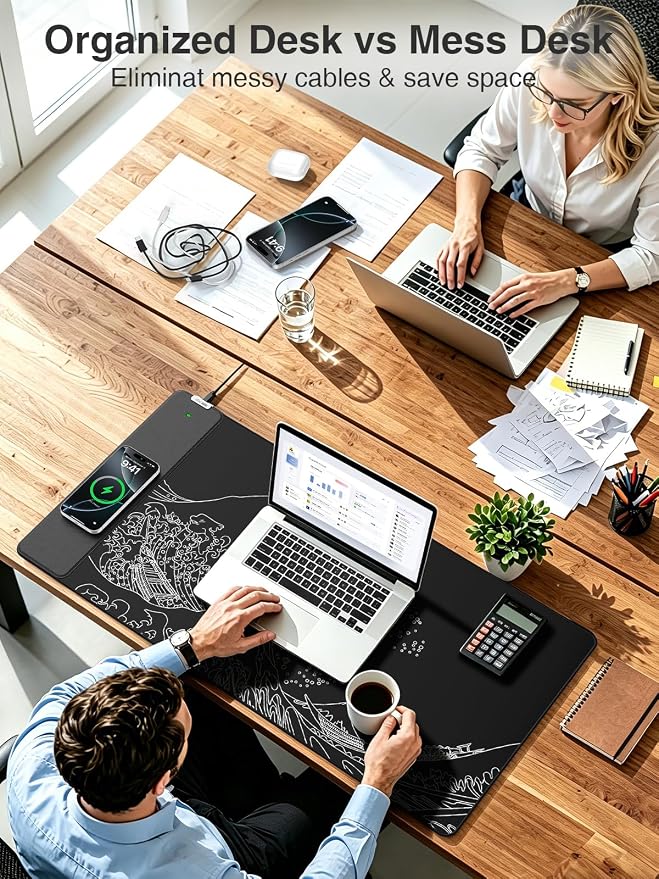 Magnetic Wireless Charging Mouse Pad, 31.5"x15.8" Large Desk Mat | Waterproof Mousepad, Smooth Glide, Stitched Edge, Non-Slip Rubber Base, Desk Pad Computer Keyboard Mat, No Adapter - Image 4