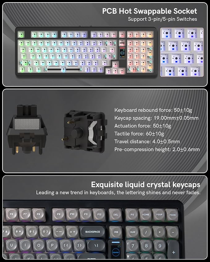 Keymatic Foundation Mechanical Keyboard,98% Pink Creamy Keyboard Gaming Keyboard,3 Mode with Multimedia Screen,RGB Backlit,Jelly MOA Profile keycaps for Win/Mac,Grey - Image 7