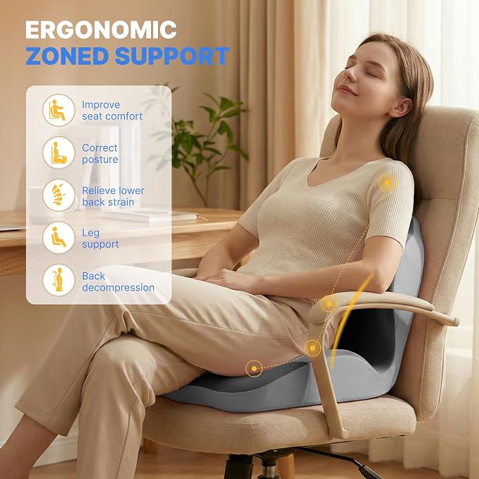 Ergonomic Seat Cushion with L-Shaped Design for Office Chair (Grey) | Memory Foam Orthopedic Cushion with Coccyx Hollow, Lumbar Support & Tailbone Pain Relief for Car, Truck, Gaming Chair - Image 7