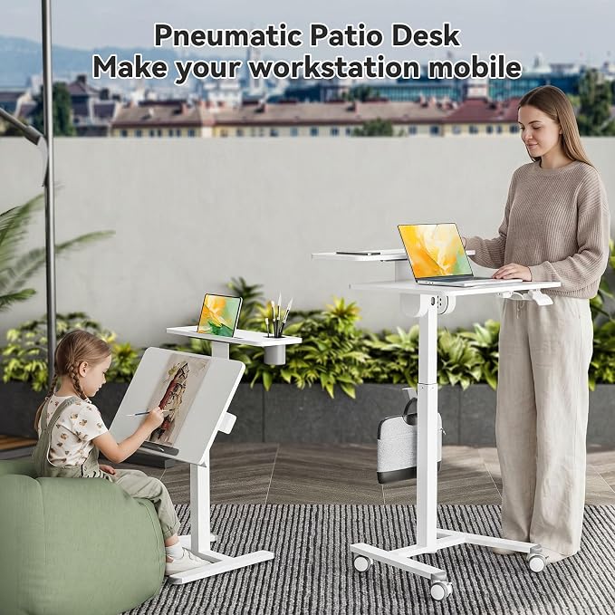 24" Mobile Standing Desk, Tiltable Top with 2-Tier Shelves, White | Pneumatic Rolling Desk, Adjustable Height Small Computer Workstation, Portable Drafting Table with Locking and Hidden Wheels - Image 2