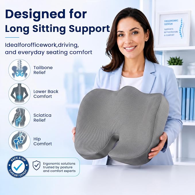 CJACSOC Seat Cushion, Extra Large Memory Foam Cushion for Office Chair Cushions, Ergonomic Cushions Pad Pillow for Pressure Relief Sciatica & Pain Relief for Long Sitting, Grey - Image 3