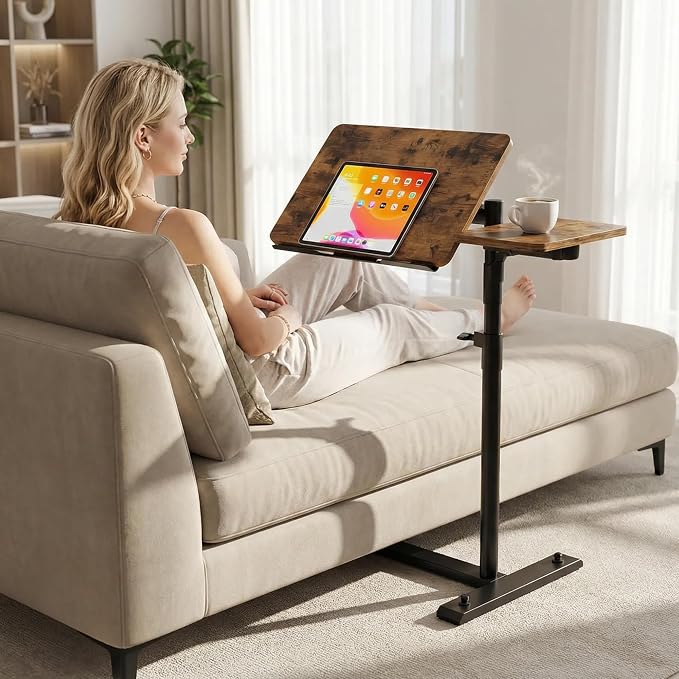 YUHFERA Rolling Table for Laptop Stand, Height and Angle Adjustable Over Bed Table with Wheels, Tilt-Top Laptop Desk for Couch with Cup Holder, Bed Table Tray for Eating (Brown) - Image 9