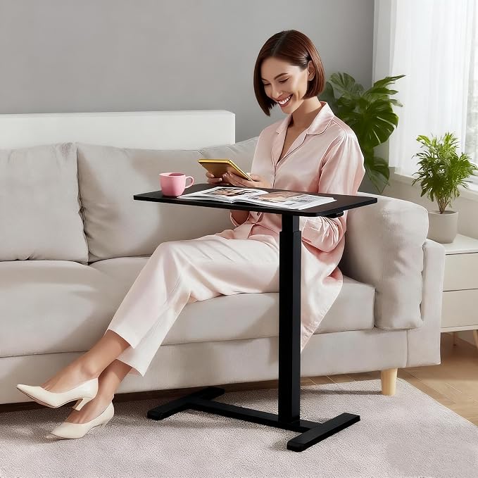 Mobile Small Standing Desk with Hidden Wheels, Pneumatic Laptop Desk, Rolling Computer Cart Movable, Portable Rolling Computer Sit Stand Side Table for Couch, Home, Office, Black - Image 2