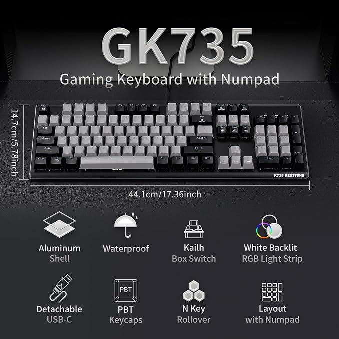 Hexgears GK735 Full-Size Mechanical Gaming Keyboard, Surround Side Light Strip+Backlit Keyboard with Linear Switch, Anti-Ghosting, Double-Shot PBT Keycaps, Compatible with Windows, macOS (Gray-Black) - Image 2