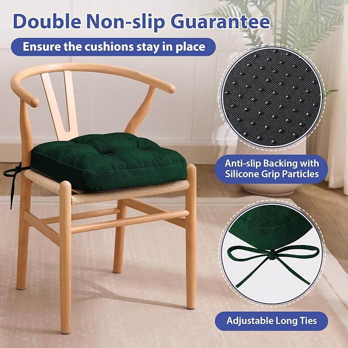 IASEAHK Chair Cushions for Dining Chairs, Dining Chair Cushions, Tufted Indoor Chair Pads with Ties & Non Slip Backing, Seat Cushions for Kitchen Chairs 16.5” x 16.5” x 3.5”, Set of 4, Green - Image 4