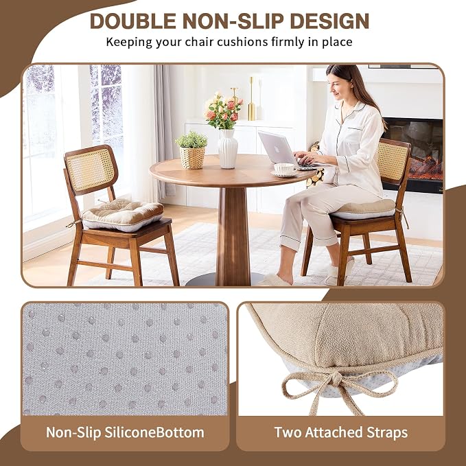 BETU Chair Cushions for Dining Chairs Set of 6,Kitchen Table Chair Pads with Ties,Non Slip Backing and Covers, Seat Cushion for Dining Room,Bar,Patio Chairs,15.5"X15.5"X3.5" - Image 2