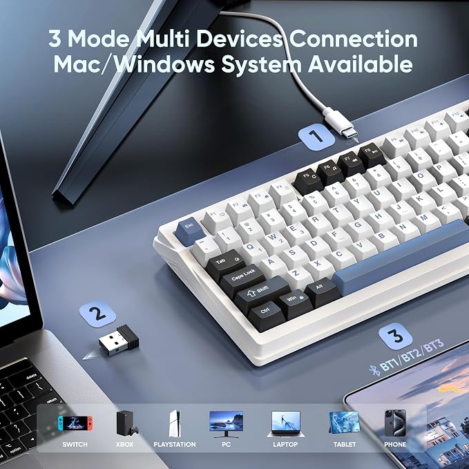 RedThunder K95 Wireless Mechanical Keyboard, TFT Screen & Knob, Tri-Mode BT5.0/2.4GHz/USB-C Hot Swappable Custom, Pre-lubed Linear Switches, Gasket Structure, RGB Gaming Keyboard, Snowy White-Blue - Image 4
