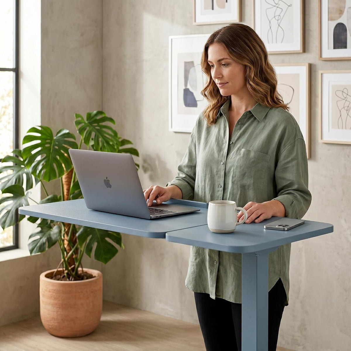 Overbed Table Adjustable Height 30"-43", Rolling Laptop Desk with Wheels, Tilt Split Top Over Bed Table for Hospital, Home, or Bedroom Use, Portable Bedside Table Stand (Tiltable Top, Blue) - Image 2