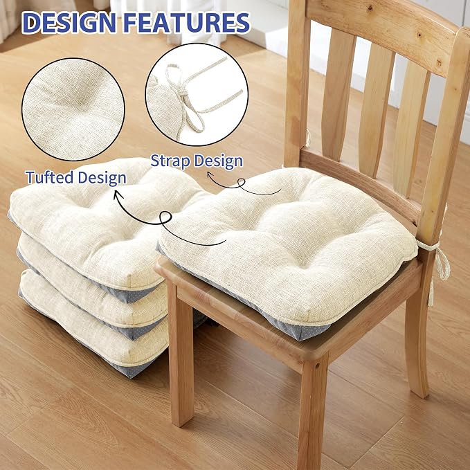 IPYNBAP Chair Cushions Set of 4, 4" Outdoor & Indoor Seat Cushions with Ties, Non Slip, Memory Foam Chair Pads for Dining, Kitchen, Office, Patio Furnitures, 15.5" x 15.5", Beige - Image 4