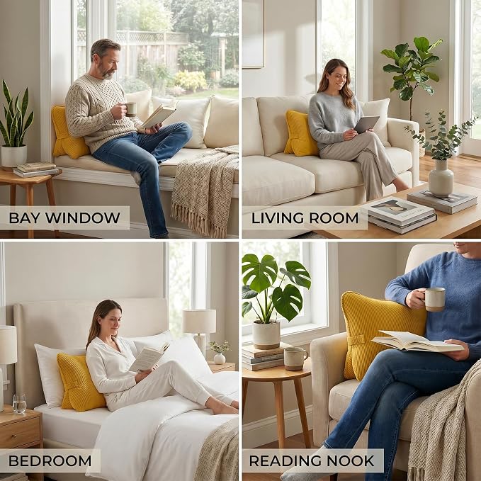 Pat. Pend. Corduroy Reading Back Pillow with Lumbar Support, Triangle Backrest Cushion for Bed Sitting & Relaxing, Support Pillow for Sofa or Headboard, Bright Yellow - Image 7