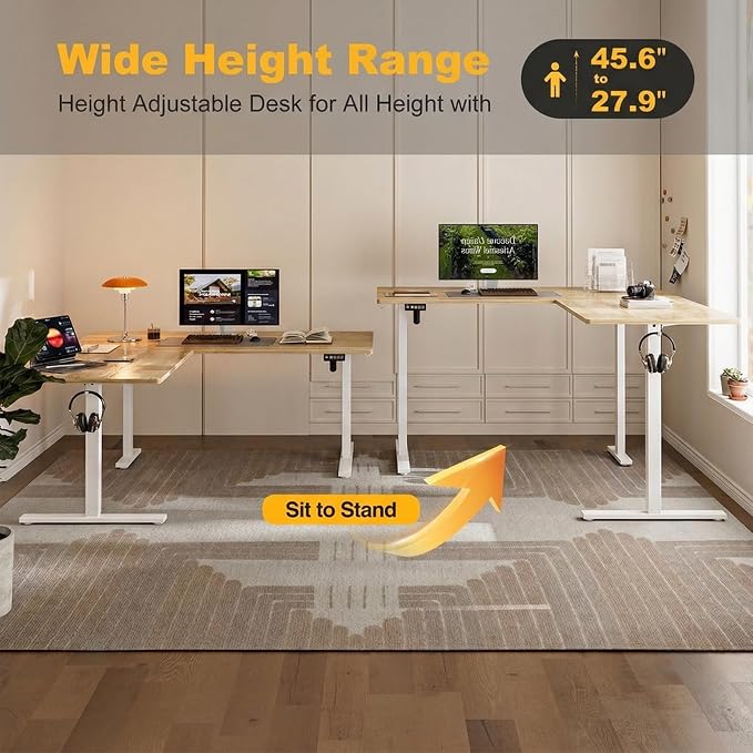 Grandder 63 x 55 Inch L Shaped Standing Desk, Electric Height Adjustable Corner Stand Up Desk, Sit Stand Corner Table Home Office Table, Oak Top White Frame - Image 4