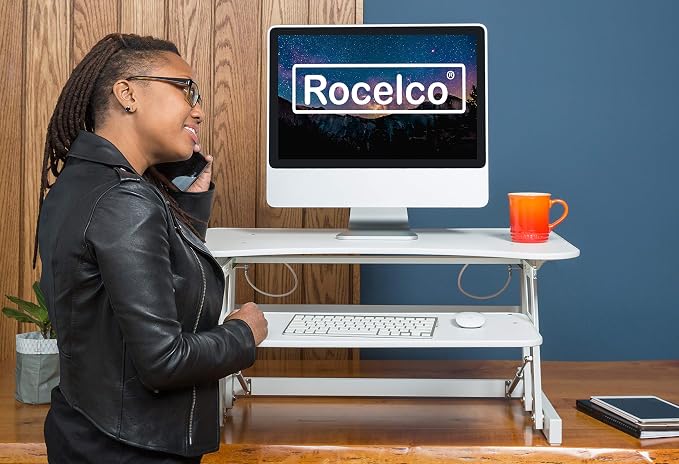 Rocelco 32" Height Adjustable Standing Desk Converter - Quick Sit Stand Up Dual Monitor Riser - Gas Spring Assist Tabletop Computer Workstation - Large Retractable Keyboard Tray - White (R ADRW) - Image 4