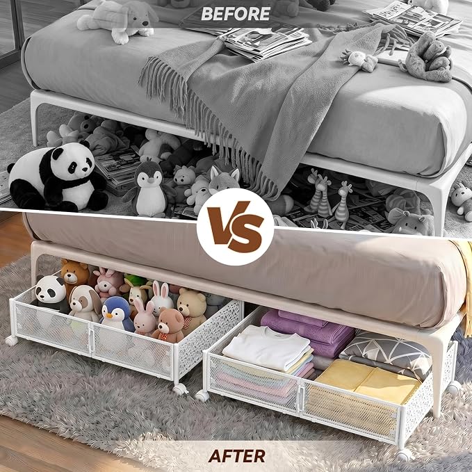 PHINOX Under Bed Storage with Wheels,Patterned,Sturdy Metal,2 Pack,White | Tool-free assembly, glide smoothly, easy reach, foldable, maxmazie low-profile beds, dorm, keep seasonal clothes, shoes fresh - Image 6