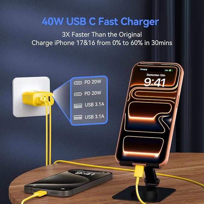 USB C Wall Fast Charger Block, 40W 4-Port Type C Chargers Fast Charging Blocks PD Power Charger Adapter+QC 3.0 USB Multiport Charger Brick for Phone 17/16/15/14/13/12 Pro Max, i-Pad, Galaxy S25-2Pack - Image 2