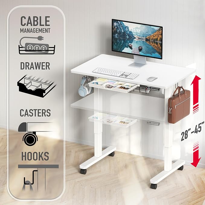 SHW Mobile Electric Height Adjustable Standing Desk w/Drawer, White | 40" Wide Top | w/ Memory Presets and Cable Management | Drawer with adjustable compartments | Hanging Hooks - Image 4