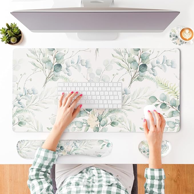 QIYI PU Leather Desk Mat Set, 4-in-1 Ergonomic Wrist Rest, Eucalyptus Leaf | Waterproof Large Mouse Pad 31.5×15.7 + Keyboard Wrist Rest + Mouse Wrist Support+Coaster, Non-Slip Office Gaming Accessories - Image 8