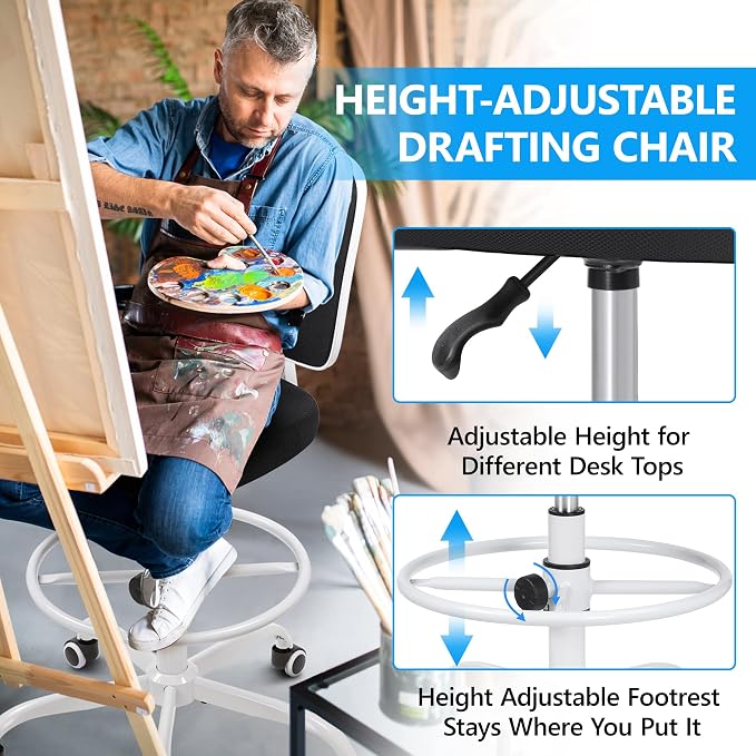 Armless Mid-Back Ergonomic Standing Desk Chair - Mesh Rolling Tall Chair, Adjustable Height and Footring, Art Room, Office or Home (White) - Image 4