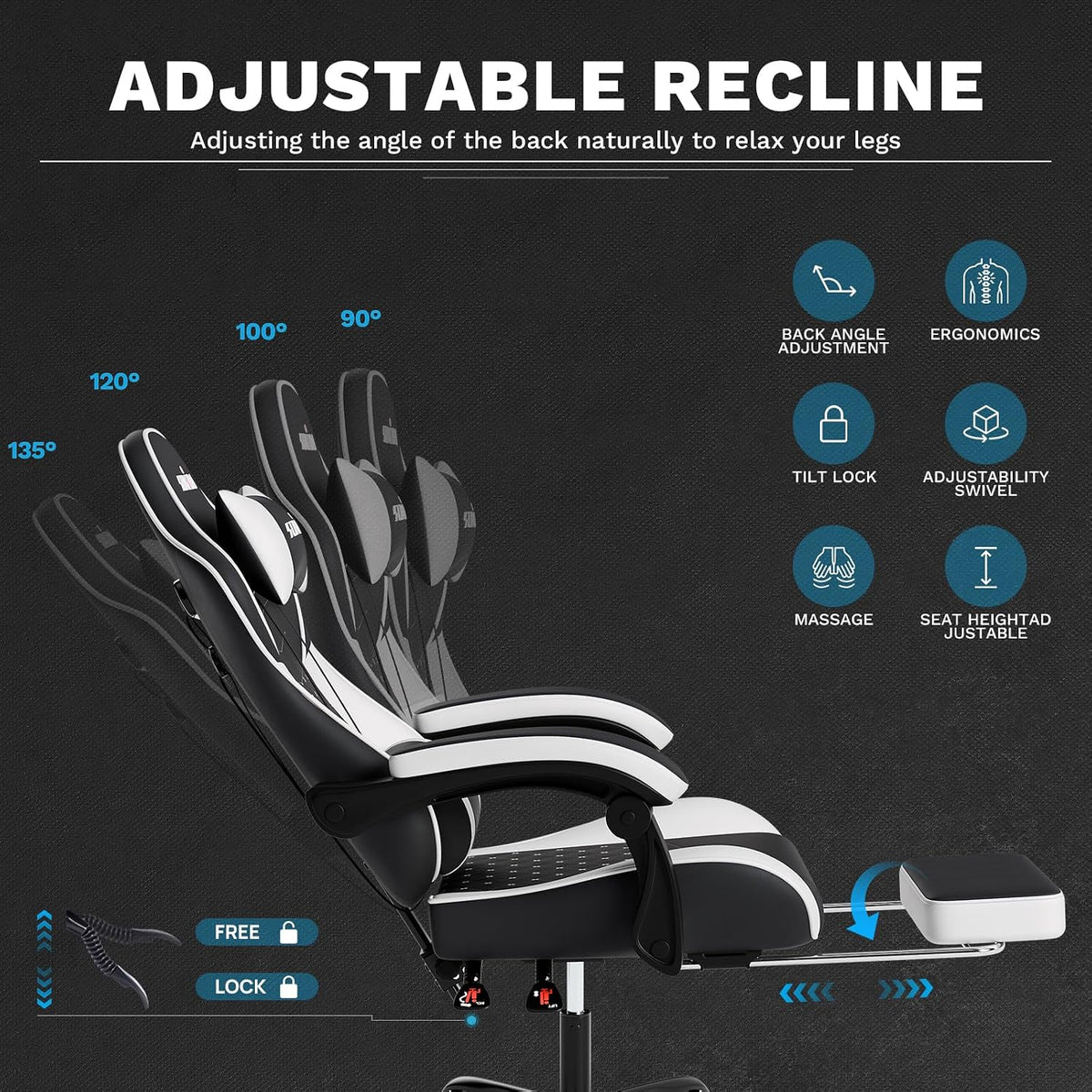 Ergonomic Video Gamer Chairs Gaming Computer Chair Gamer Chairs for Adults Massage Lumbar Support Swivel Height Adjustable Headrest Backrest - Image 4