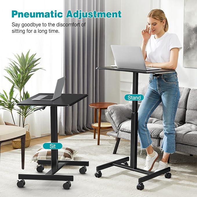 DUMOS Small Standing Desk with Wheels, Laptop Desk, 19 Inch | Portable Rolling Design, Adjustable Height Workstation, Home Office Mobile Station, Black - Image 4