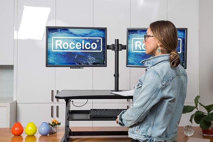Rocelco 37.5" Deluxe Height Adjustable Standing Desk Converter with Dual Monitor Mount BUNDLE - Quick Sit Stand Up Computer Workstation Riser - Large Retractable Keyboard Tray - Black (R DADRB-DM2) - Image 2