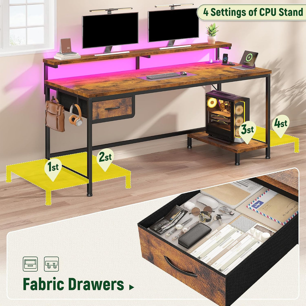 47.2" Office Desk with Power Outlet & Monitor Stand,Rustic Brown - Image 7