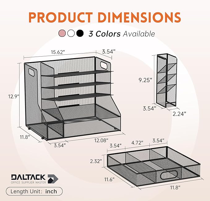 5-Tier Desk Organizer with File Holder & Pen Holder & Sliding Drawer, Black | Mesh Metal Paper Letter Tray for Papers, Mail, Office Supplies, and Desk Accessories - Image 3