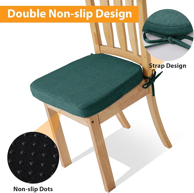 Ruqmuis Chair Cushions for Dining Chairs, 2" Thick Seat Cushions for Kitchen Chairs, D-Shaped Chair Pads with Washable Cover, Ties and Non Slip Backing, 17'' x 16'', Set of 4, Green - Image 4