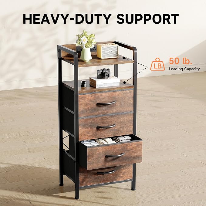 Lazzanto Nightstand with Rear Charging Station, LED Light, 4 Drawers, Brown | Industrial Nightstand, 2 USB-A Ports & AC Outlets, Raised Back Guard, Fabric Storage Drawers, Bedside Table for Bedroom, Dorm - Image 7