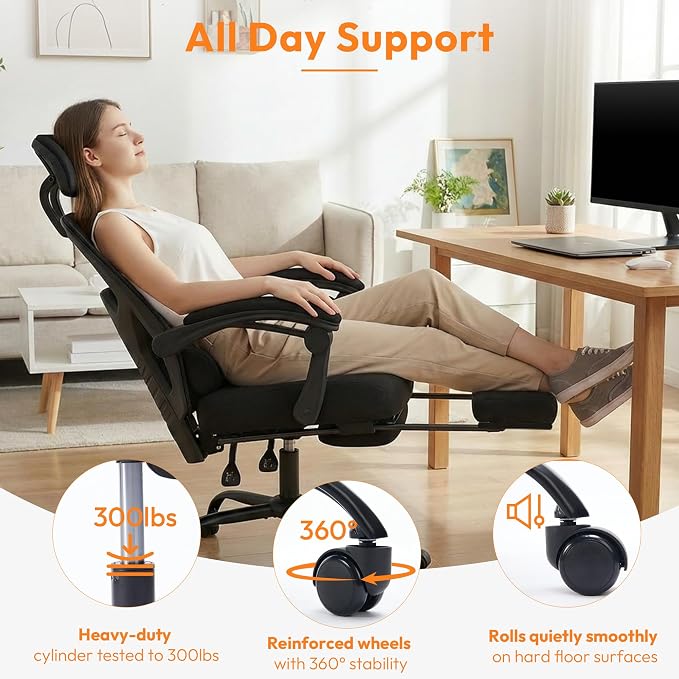 Desk Chair with Foot Rest, High-Back Mesh Office Chair with Wheels, Black | Reclining Gaming Chair with Headrest and Adjustable Lumbar Support, 90°-130° Reclining, for Home Office and Gaming - Image 8