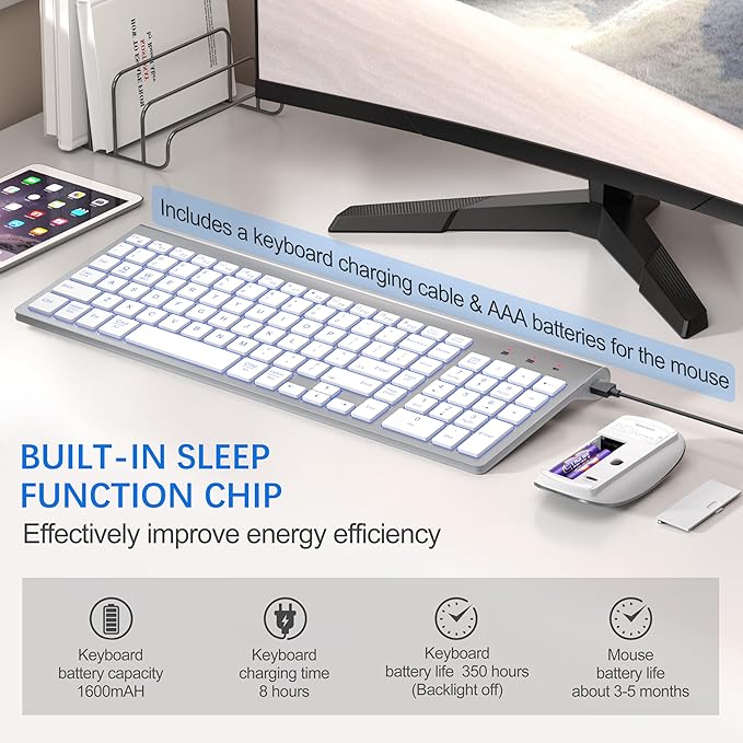 Wireless Backlit Keyboard and Mouse Ultra Slim Combo, TopMate -Silver White | 2.4G Silent Compact 2400DPI Mouse and Scissor Switch Keyboard Set, Batteries Included, for PC/Laptop/Windows/Mac/Gaming - Image 5