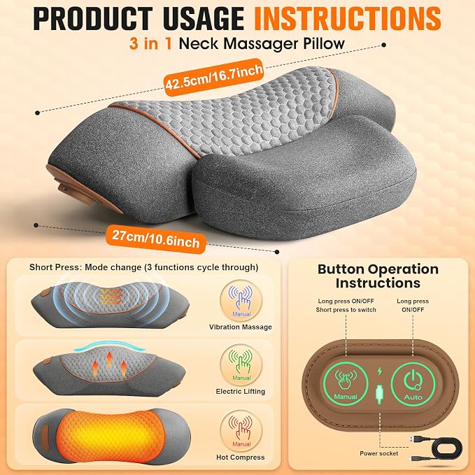 3-In-1 Neck Massager Pillow With Heat,Neck Pillow Massager For Pain Relief Deep Tissue,Thera Pillow Traction Massager,Neck Hump Corrector Massager Pillows For Neck,Ergonomic Neck Pillow For Sleeping - Image 2