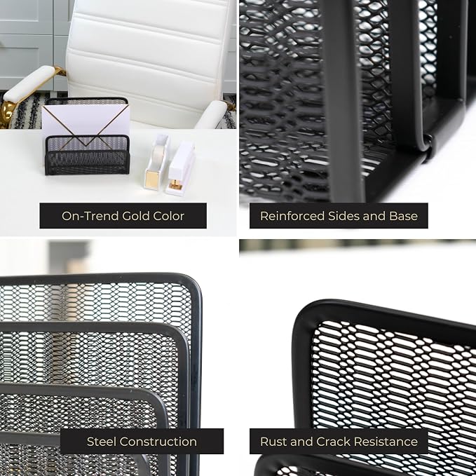 BLU MONACO Black Metal Mesh Letter Sorter | 3-Slot Mail Organizer for Desk, Office & Home | Vertical File & Envelope Holder with Non-Slip Base | Space-Saving Desktop Mail Organizer - Image 2