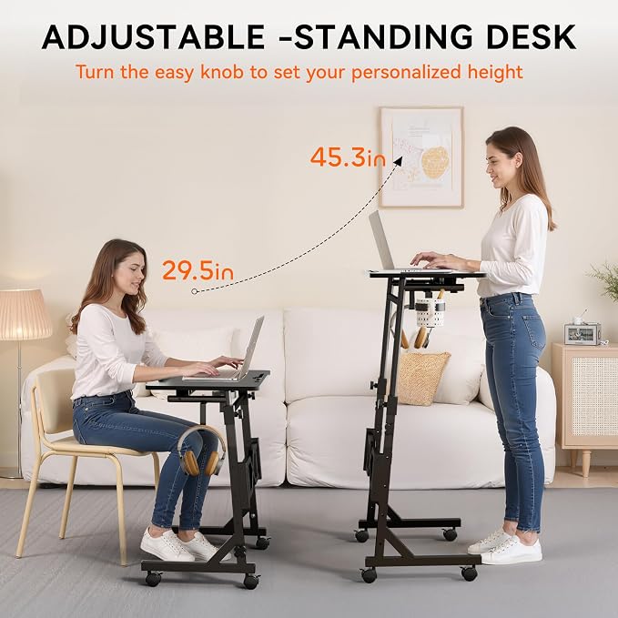 Oransail Small Standing Desk with Wheels, 29.5-45.3 Inch Adjustable Height | Portable Treadmill Desk, Rolling Computer Table for Walking Pad with a Cup Holder and a Hook - Image 4