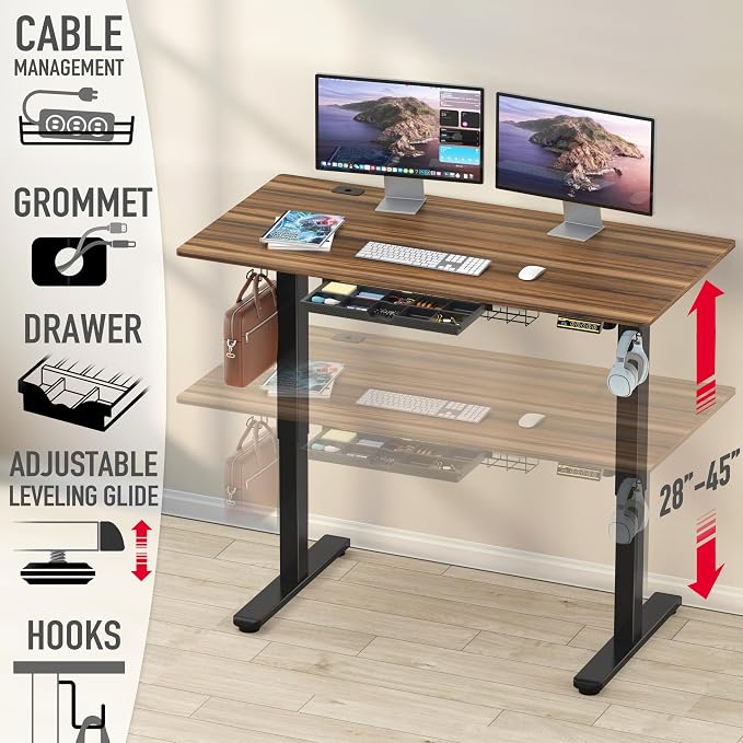 SHW 55 x 28 Electric Height Adjustable Standing Desk w/Drawer, Walnut | w/ Memory Presets and Cable Management | Drawer with adjustable compartments | Hanging Hooks - Image 4