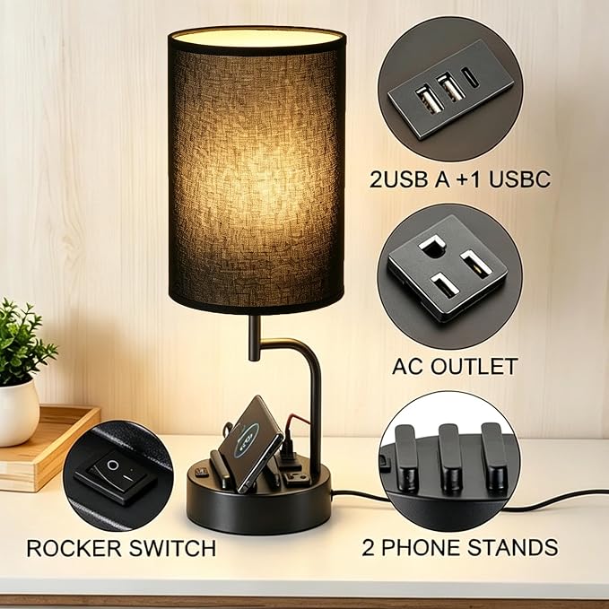 Dreamholder 2 Pack Table Lamp, Bedside Lamp with 3 USB Charging Ports & AC Outlet, USB Desk Lamp with 2 Phone Holders, Linen Fabric Shade Nightstand Lamps for Bedroom Living Room Office, Black Shade - Image 2