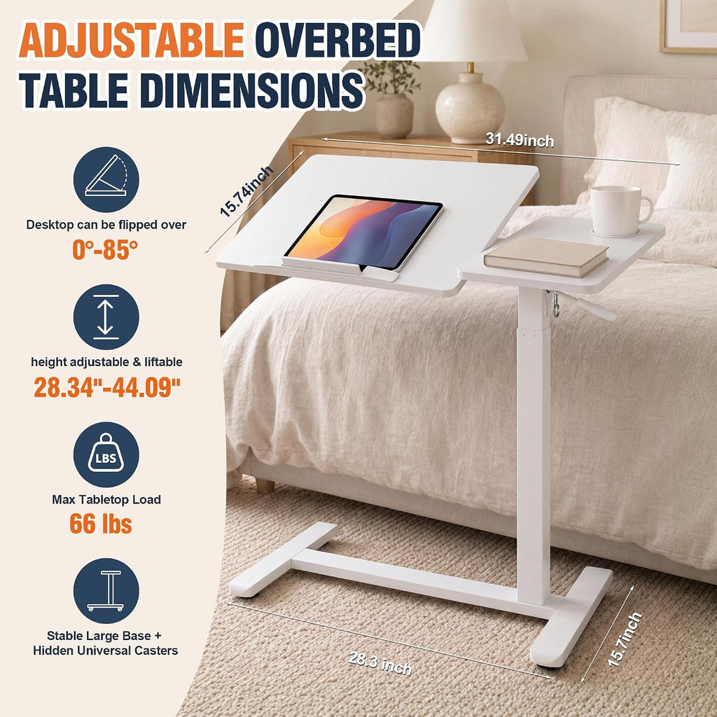 Adjustable Overbed Table with Wheels, Folding Laptop Desk for Bed & Sofa - Image 2