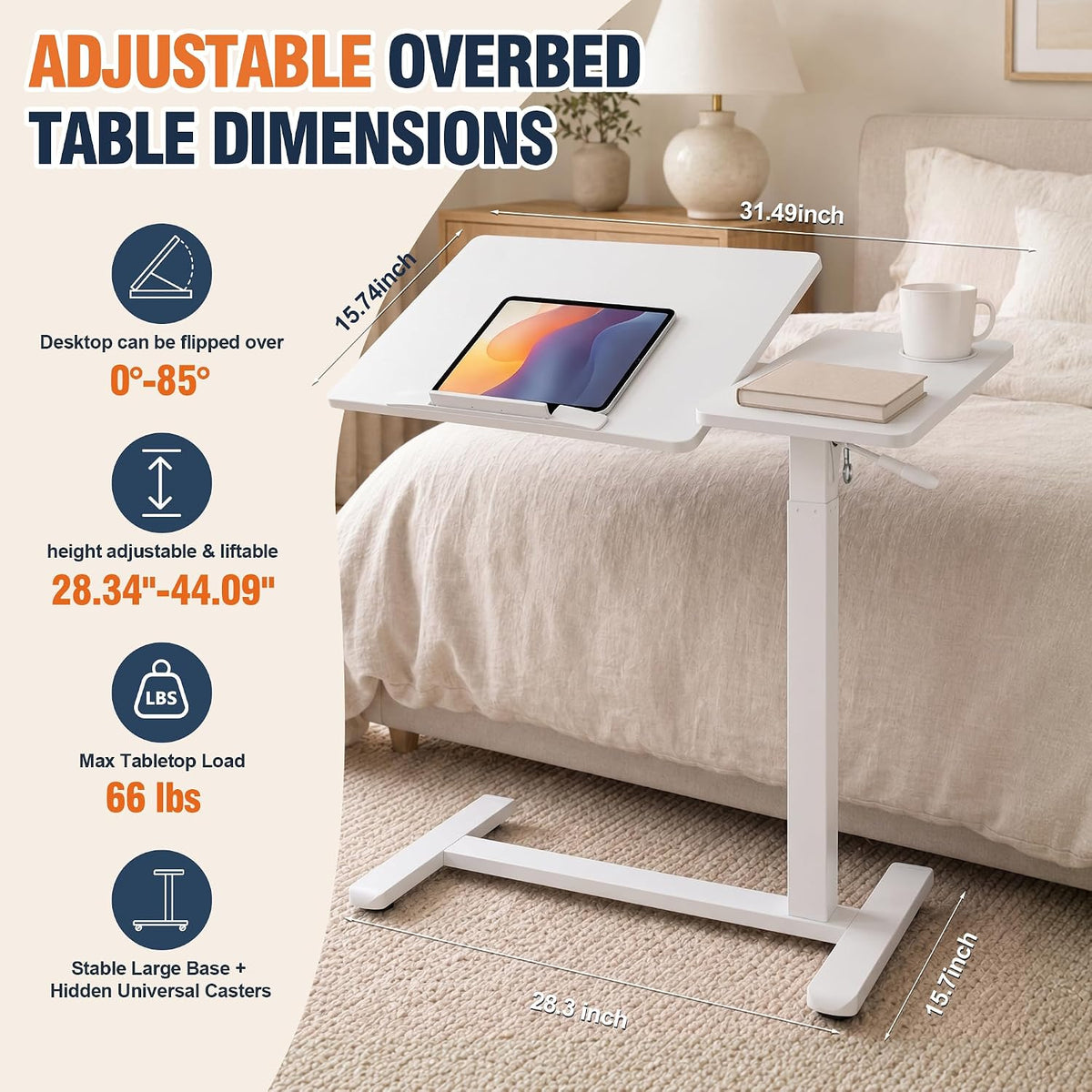 Adjustable Overbed Table with Wheels, Folding Laptop Desk for Bed & Sofa - Image 2