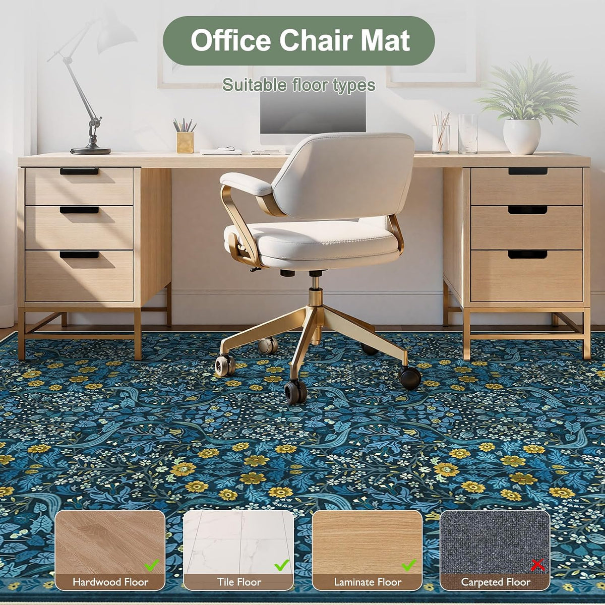 Office Chair Mat for Hardwood Floor/Tile Floor, 8x10 Floral Desk Chair Mat for Hard Floors, Under Desk Rug Protector for Rolling Computer Gaming Chairs, Anti Slip Machine Wash Carpet - Image 2